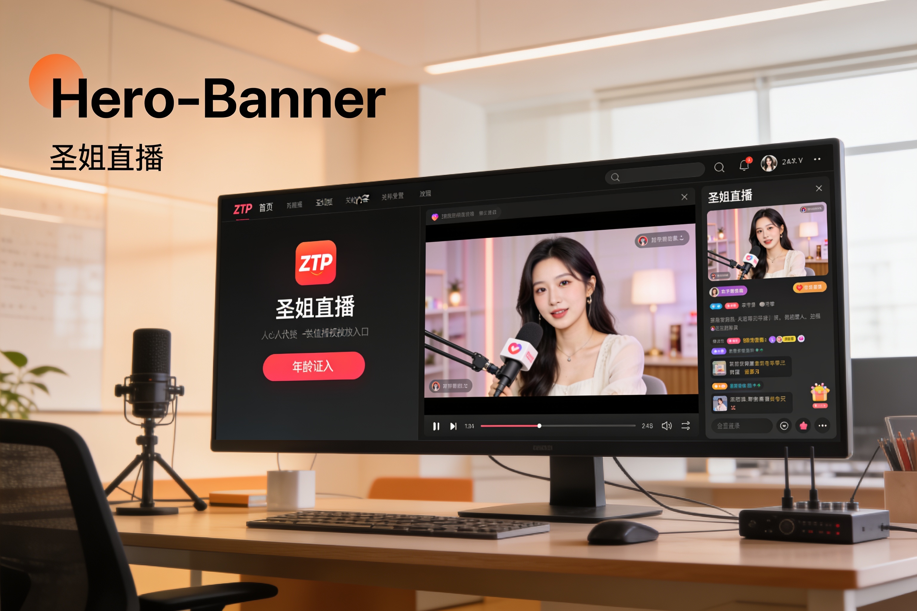 ZTP平台成人分级视频内容播放界面展示，包含年龄验证入口和圣姐直播频道预览